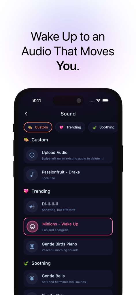 Snoozers: The End of Snoozing - Interface of Snoozers app showing custom and trending alarm sound options like gentle birds and uplifting music.
