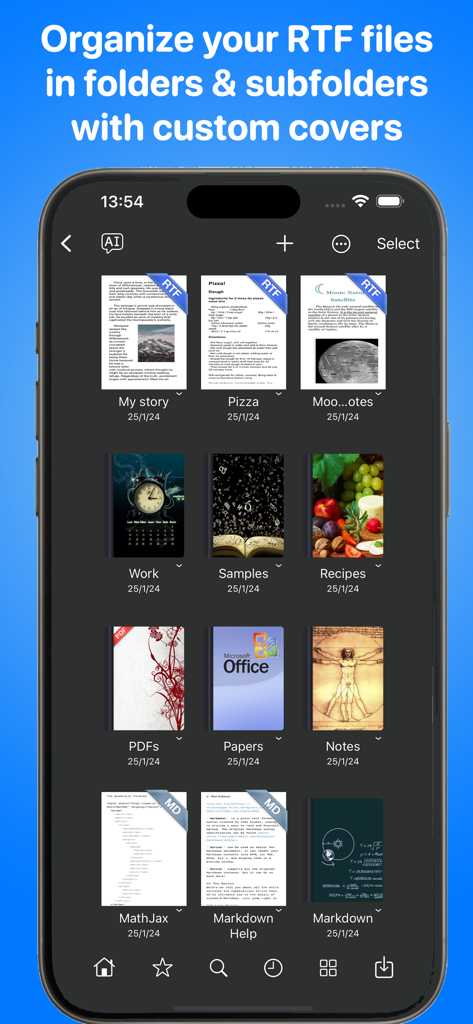 TextEdit - Text Editor - TextEdit app screen showing document library with files and folders organized using custom covers for RTF and Markdown documents
