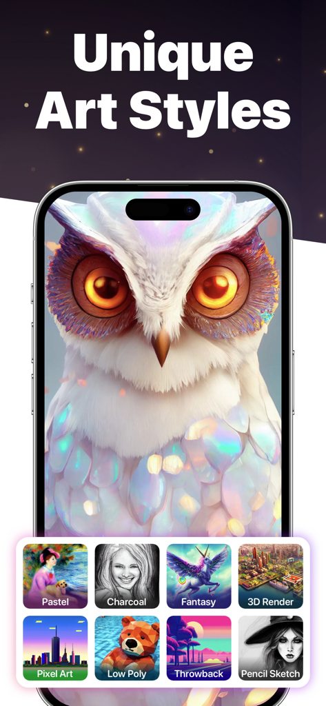 AI Photo Generator & Maker - パステルチャコールやファンタジーを含む様々なアートスタイルのオプションを持つ、カラフルなAI生成のフクロウを表示するスマートフォンの画面