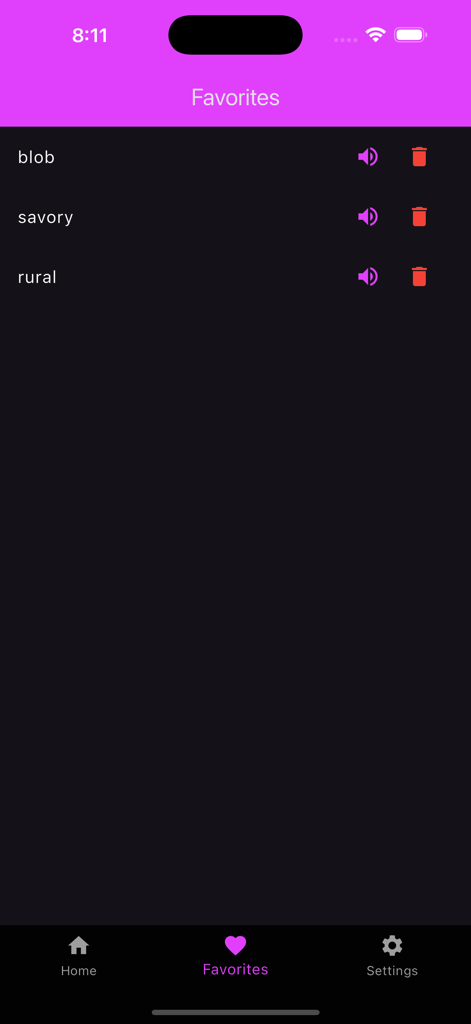 Pronounce It: Word Pronouncer - Favorites screen in the Pronounce It app showing a list of saved words with audio playback and delete icons