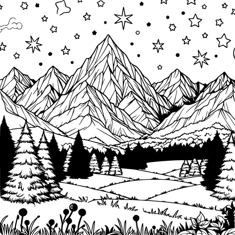 realistic snowy mountain range with stars and meadows in front and forest