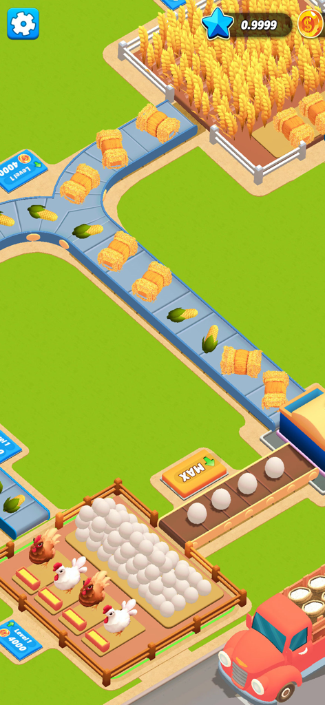 Factory Tycoon Idle Game - Gameplay screenshot of Factory Tycoon Idle Game showing a chicken farm and conveyor belts transporting crops and eggs