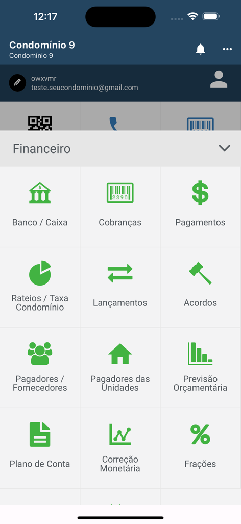 Seu Condomínio - Menu financeiro do aplicativo Seu Condomínio com ícones para pagamentos, faturamento e previsão orçamentária