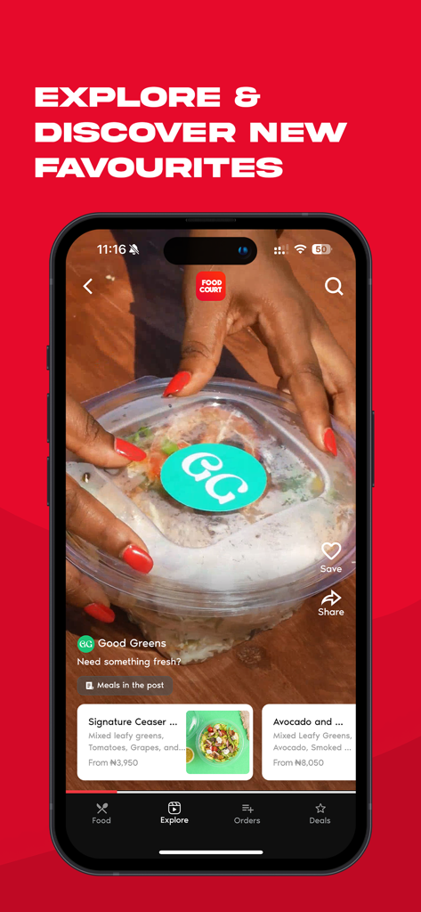 FoodCourt: Food Delivery+ - Mobile screen of the FoodCourt app explore section featuring a fresh salad from Good Greens