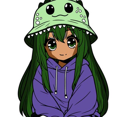 girl with anime shaped eyes with a dinosaur bucket hat oversized sweatshirt long straight hair