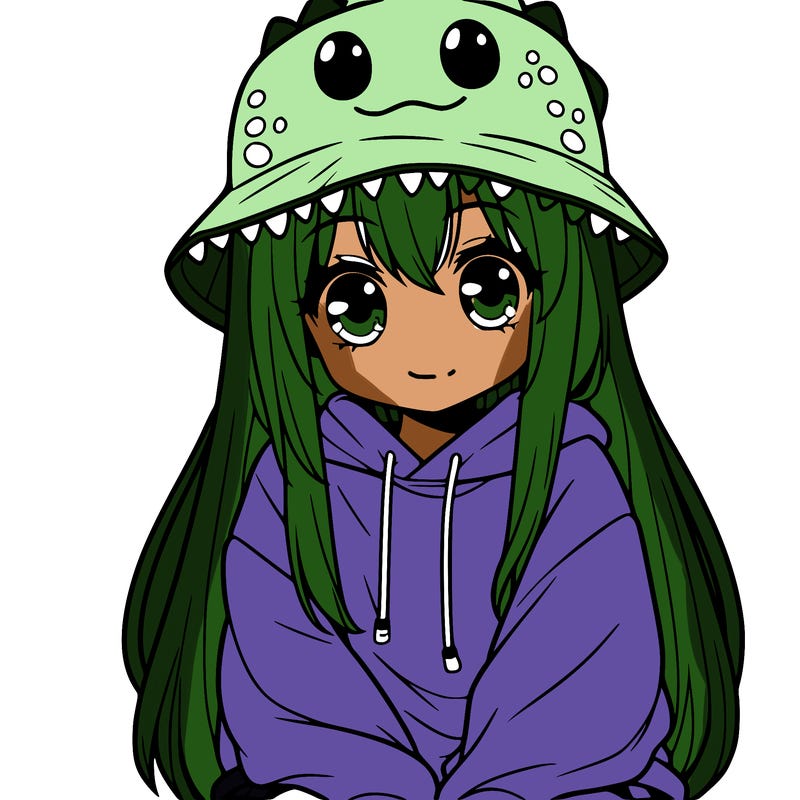 girl with anime shaped eyes with a dinosaur bucket hat oversized sweatshirt long straight hair