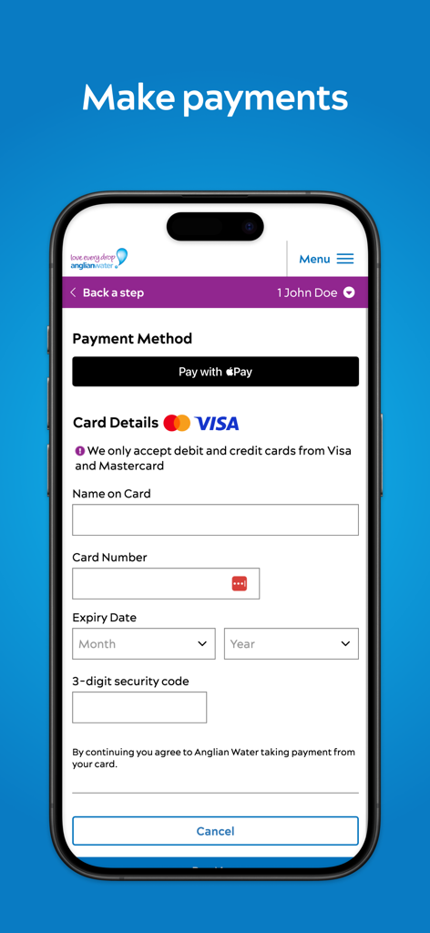 Anglian Water MyAccount app payment screen with card details form