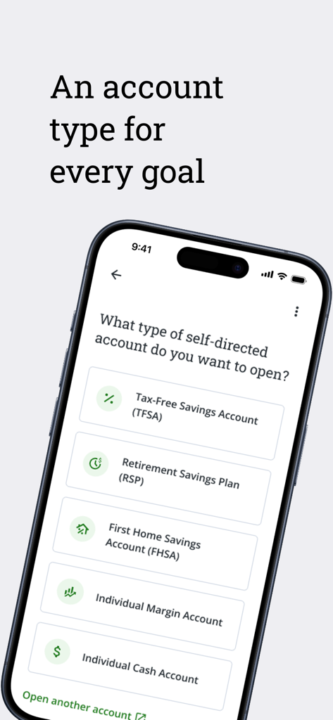 QuestMobile app interface showing various self directed investment account types including TFSA and RSP