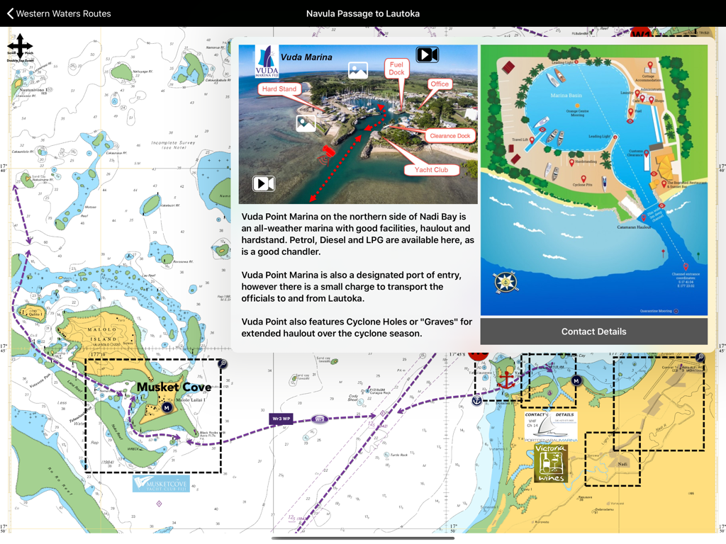 Sail Fiji app interface showing Vuda Marina facilities and detailed nautical charts