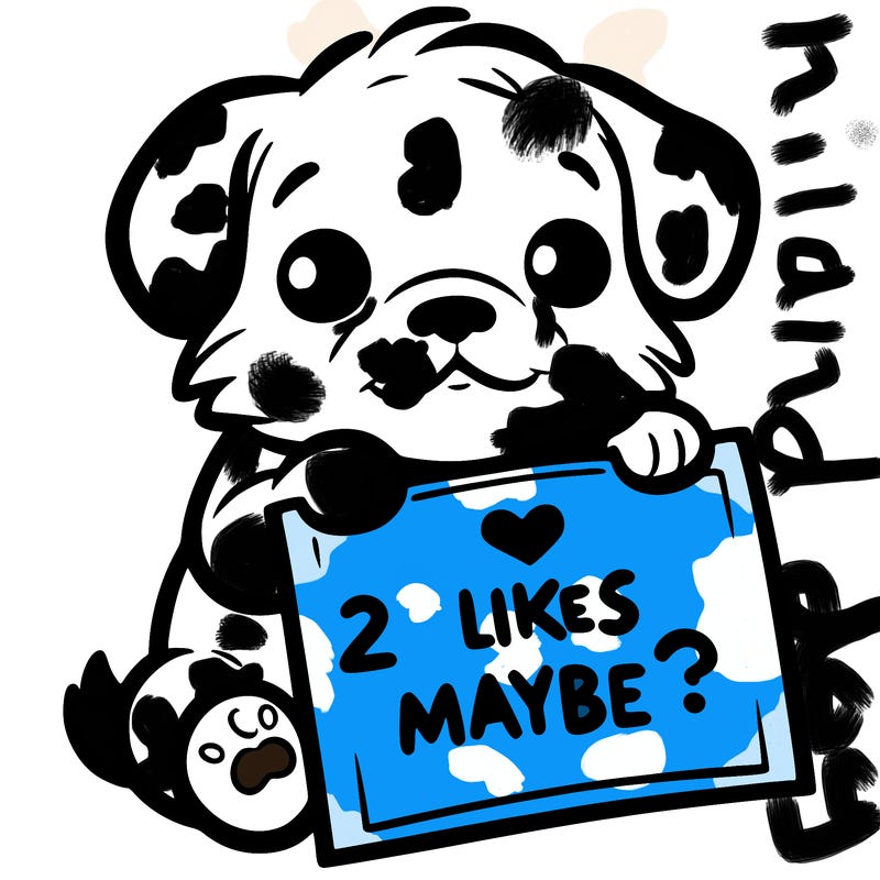 a puppy holding a sign that says 2 likes maybe?