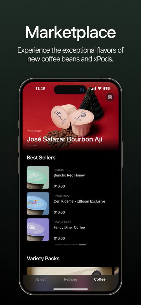 The Marketplace screen of the xBloom Coffee app showing a variety of specialty coffee beans and xPods available for purchase.