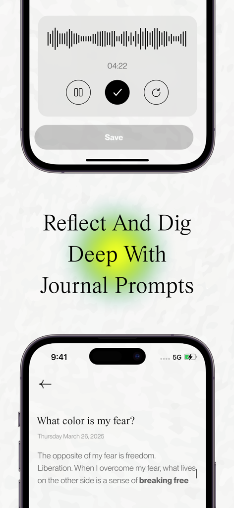 Zenfulnote: Journal & Heal - Interface of the Zenfulnote app showing an audio recording feature and a guided journal entry with a prompt about fear.