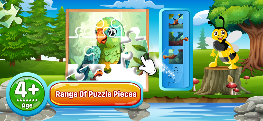 Jigsaw : Kids Puzzle Games - Un colorido rompecabezas de loro siendo resuelto en una tableta con una interfaz amigable para niños y un personaje de abeja