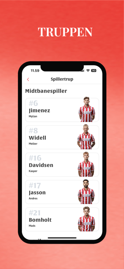 Official AaB app screen displaying the midfield players in the squad list