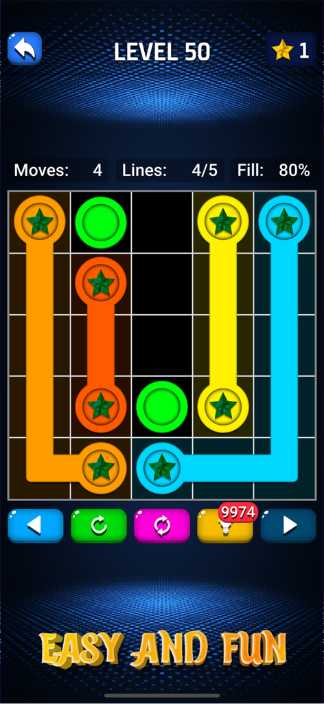 Gameplay screenshot of Connect Dots showing colored lines connecting matching dots on a 5x5 grid for level 50.