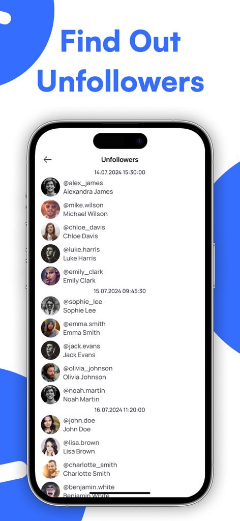 Zippy: IG Unfollowers Tracker - Una pantalla móvil de la aplicación Zippy mostrando una lista de no seguidores de Instagram con sus fotos de perfil y nombres de usuario organizados por fecha.