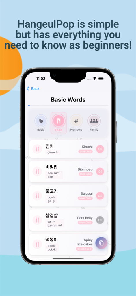 HangeulPop - Interface do aplicativo HangeulPop mostrando uma lista de palavras básicas de comida coreana com Hangul e traduções em inglês