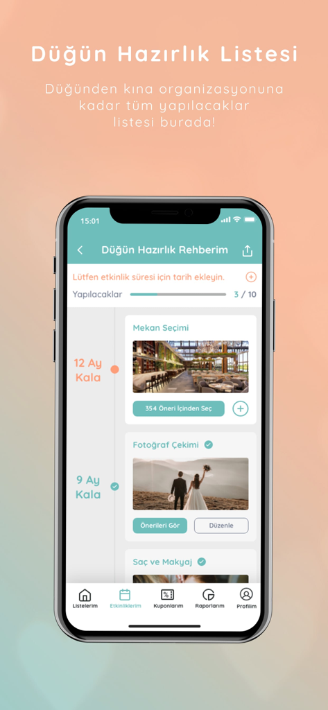 Çeyiz Listem - A mobile app screenshot showing a wedding preparation timeline with checklists for venue selection and photo shoots