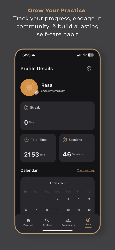 Pura Rasa - Pura Rasa app profile dashboard showing user meditation statistics, streak, and practice calendar.
