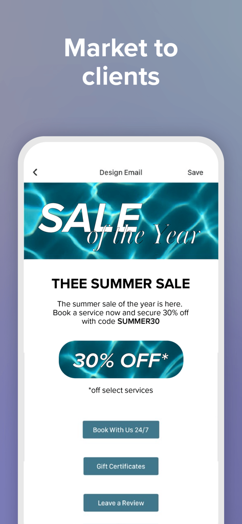 Vagaro Pro email marketing tool showing a summer sale promotion template with a 30 percent discount