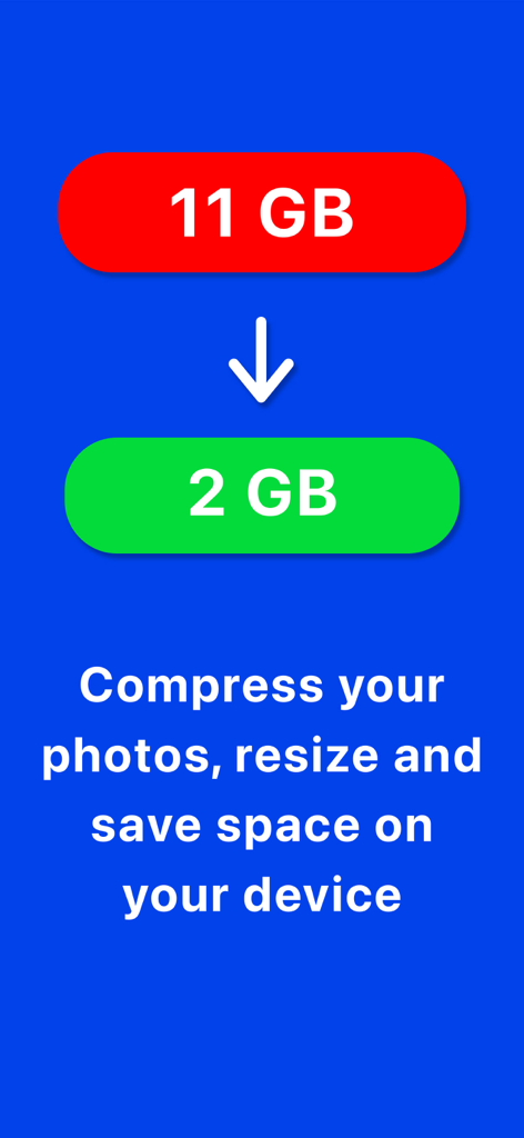 Photo Resizer & Compressor - Infographic showing file size reduction from 11GB to 2GB to save device storage space