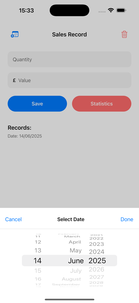 Interface of the Sales Record app showing fields for quantity and value with a date selection picker