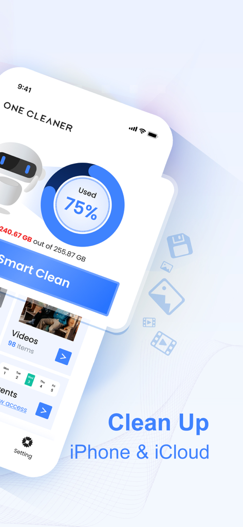 Panel de la aplicación One Cleaner que muestra el análisis de uso del almacenamiento y las opciones de limpieza inteligente para iPhone e iCloud.