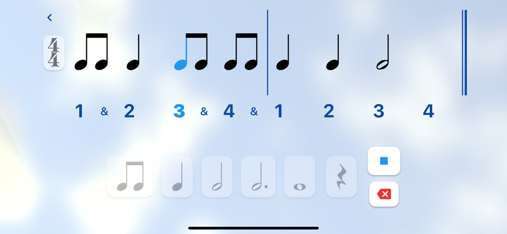 String Note Tutor - Interfaz del constructor de ritmo que muestra notación musical y conteo de pulsaciones en la aplicación String Note Tutor.