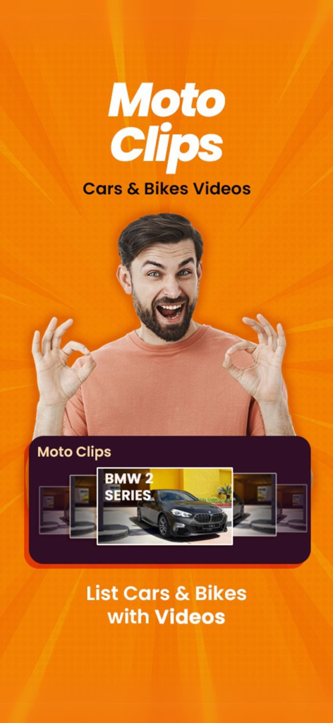 Motomap:Find Used Cars & Bikes - Pantalla de la aplicación Motomap que muestra la función Moto Clips para anunciar coches y motos de segunda mano utilizando vídeos
