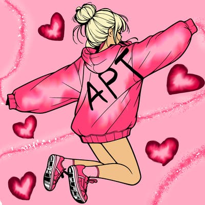 realistic girl jumping with a bun and oversized sweatshirt