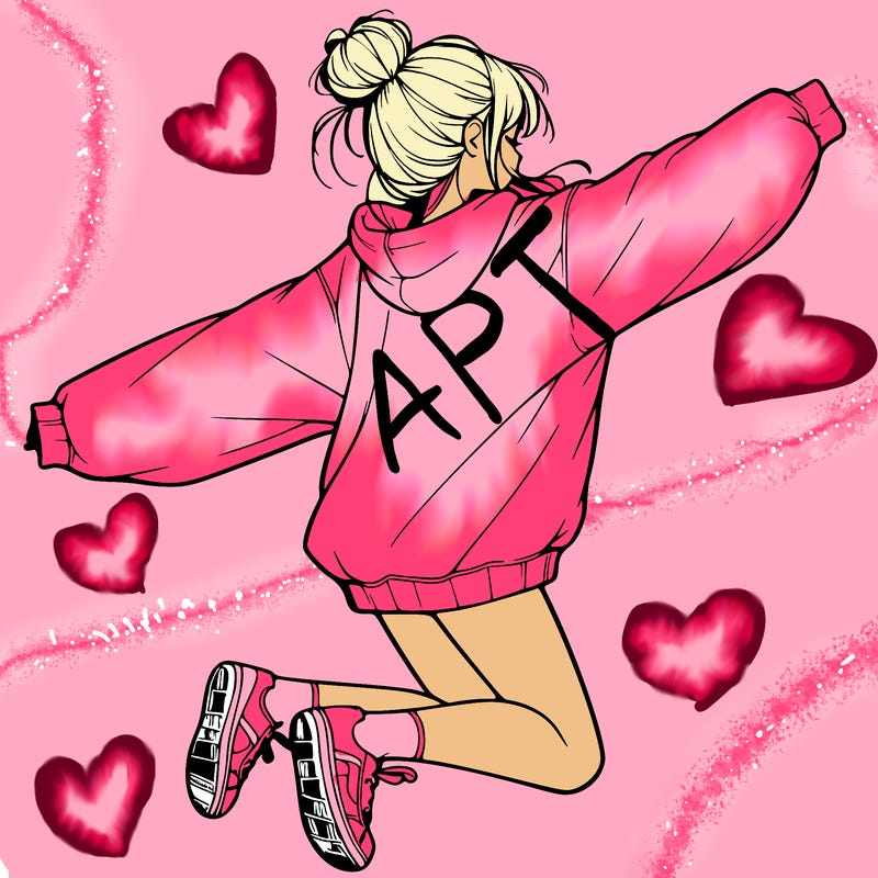 realistic girl jumping with a bun and oversized sweatshirt