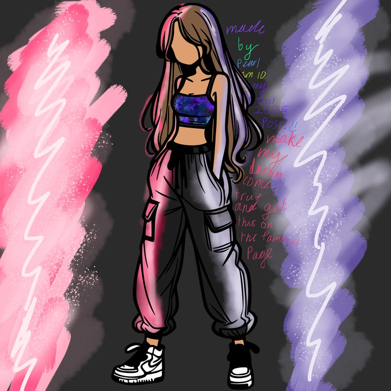 girl in baggy pants crop top and long hair