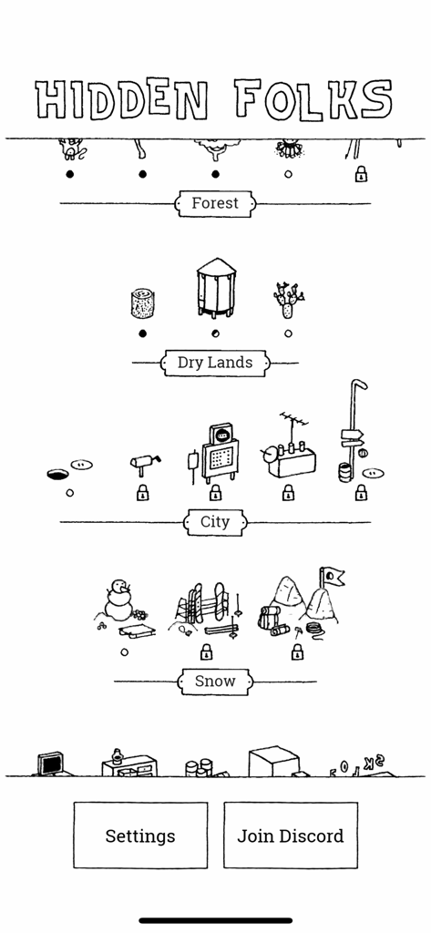 Pantalla de selección de nivel dibujada a mano para Hidden Folks que muestra las áreas de bosque, tierras secas, ciudad y nieve