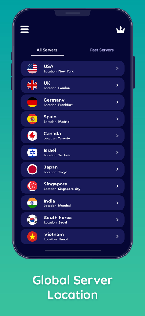 Tela mostrando locais de servidores globais da Von VPN como EUA, Reino Unido e Alemanha