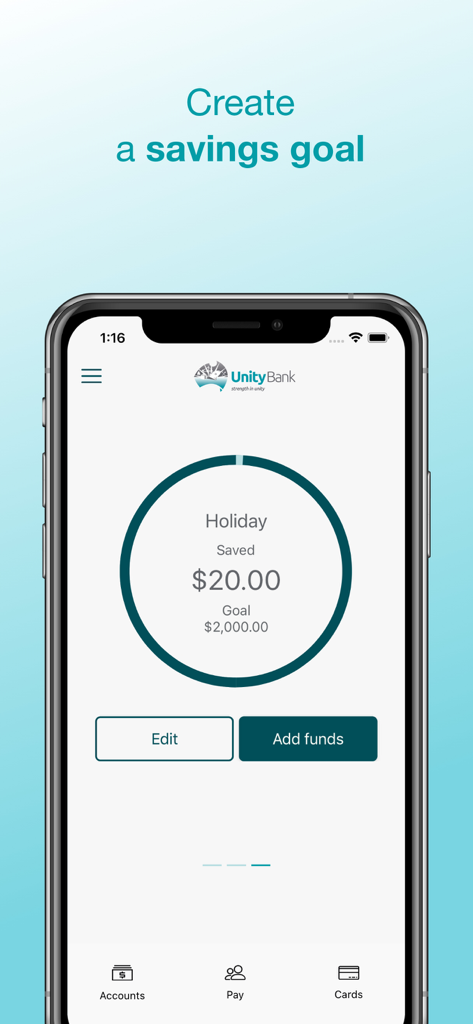 Unity Bank - Mobile app screen showing a savings goal tracker for a holiday in the Unity Bank application