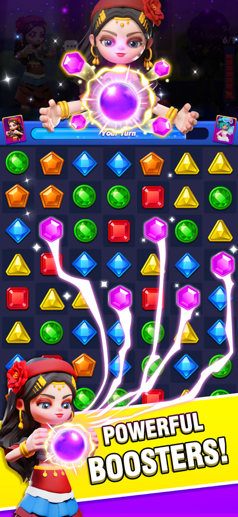 Jewel Party- Match 3 PVP - Un personaje activando un potente potenciador en un juego Jewel Party Match 3 PVP