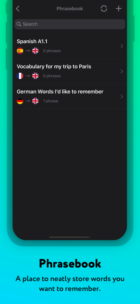 Language Translator by Mate phrasebook feature showing custom vocabulary lists in dark mode