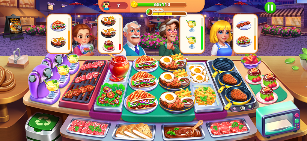 Cena de jogabilidade do Chef Festival Cooking Game mostrando vários pratos e clientes em um balcão de restaurante