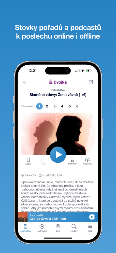 The mujRozhlas mobile app interface displaying a podcast episode detail page with options to play and download for offline listening