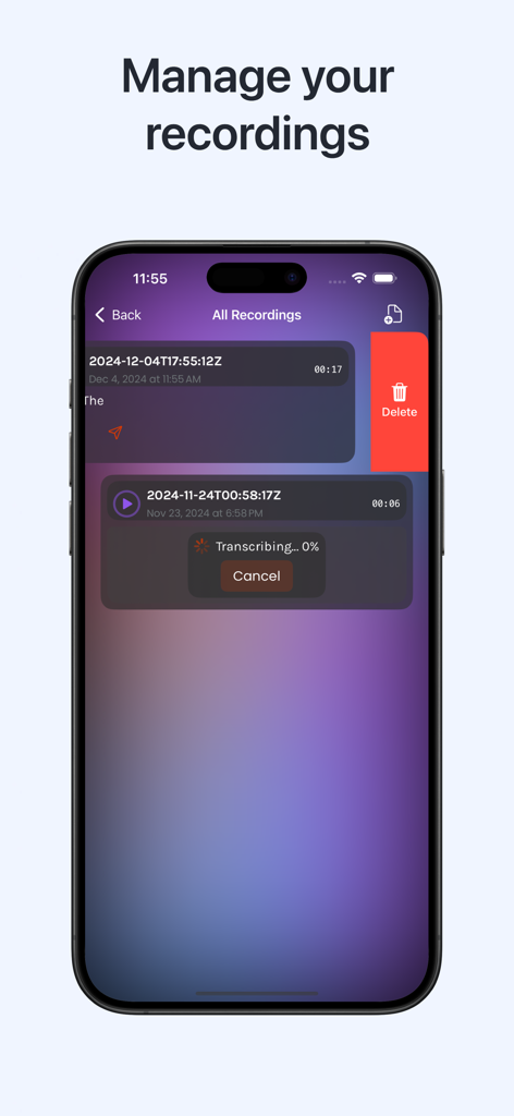 Jotter: Transcribe Voice Video - The recordings management screen of the Jotter app displaying a list of audio files and transcription progress