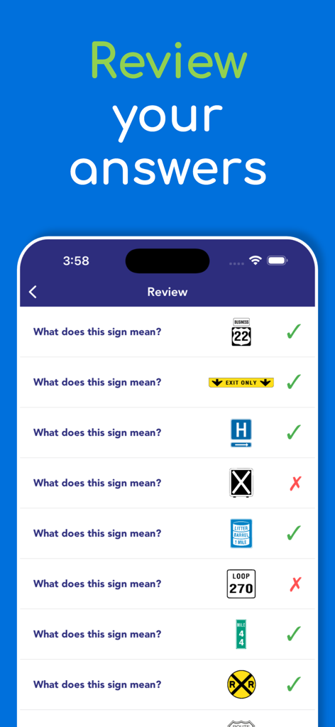A mobile app interface displaying a review of Kentucky DMV permit test answers with road sign questions and result indicators.