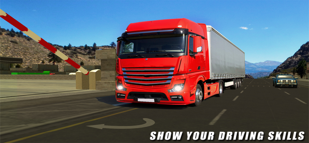 A red semi-truck driving on a highway with scenic mountains and text saying show your driving skills