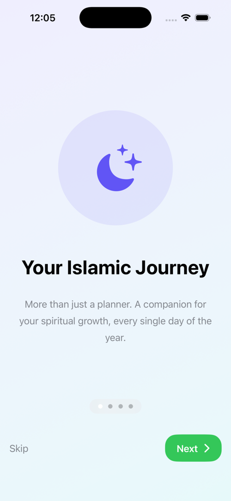 Ramadan Planner: Track & Pray - Welcome screen of the Ramadan Planner app titled Your Islamic Journey with a moon icon and Next button.