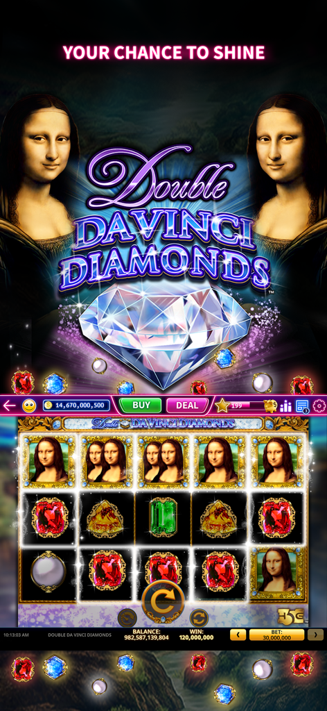Mystic Slots® - Casino Games - Interfaz de la máquina tragamonedas Double Da Vinci Diamonds con símbolos de Mona Lisa y gemas coloridas