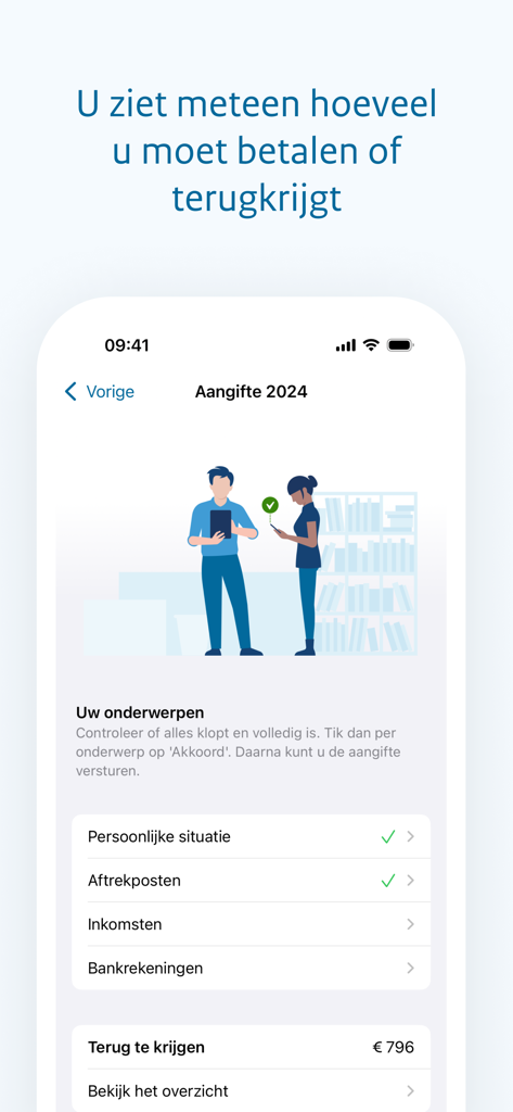 Dutch income tax app interface displaying a checklist of tax topics and a refund amount