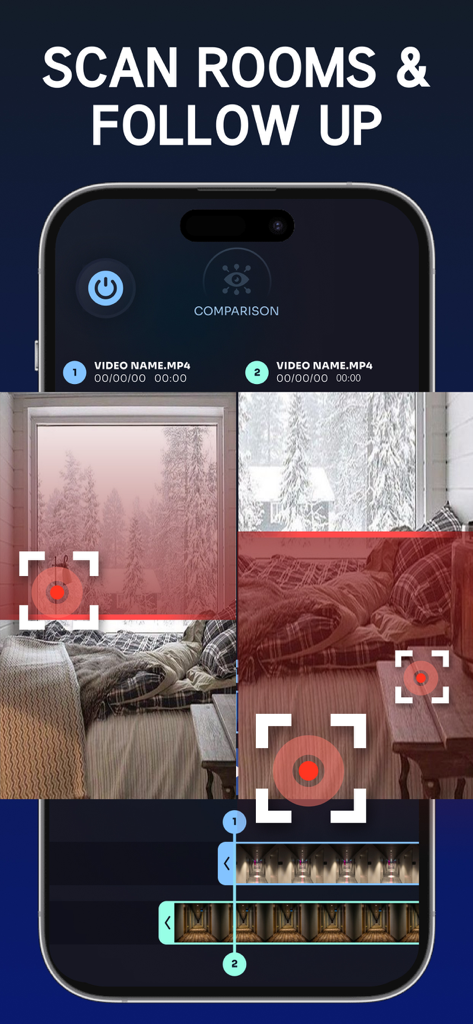 Hidden Camera Finder - AntiSpy - Interfaz de la aplicación mostrando una comparación de escaneos de habitaciones con marcadores rojos que identifican ubicaciones de cámaras ocultas