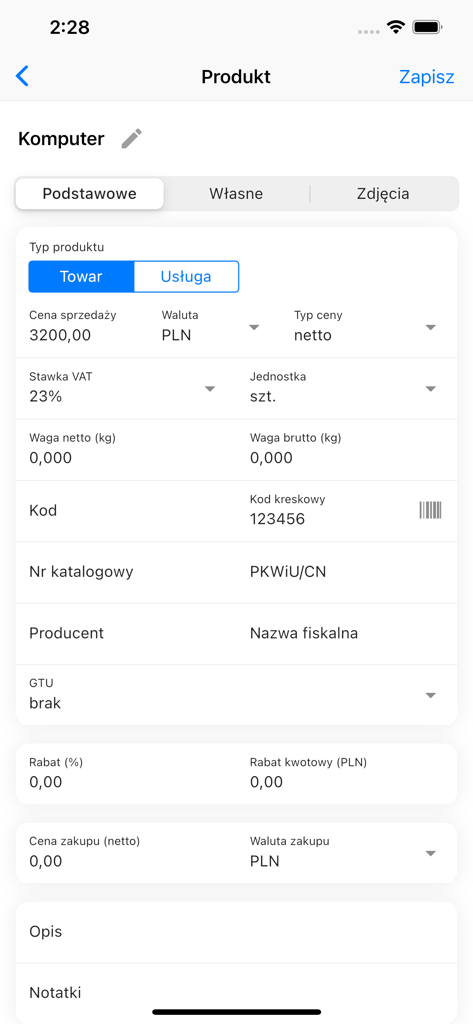 FakturaLight mobile app product management screen displaying price and tax details in Polish
