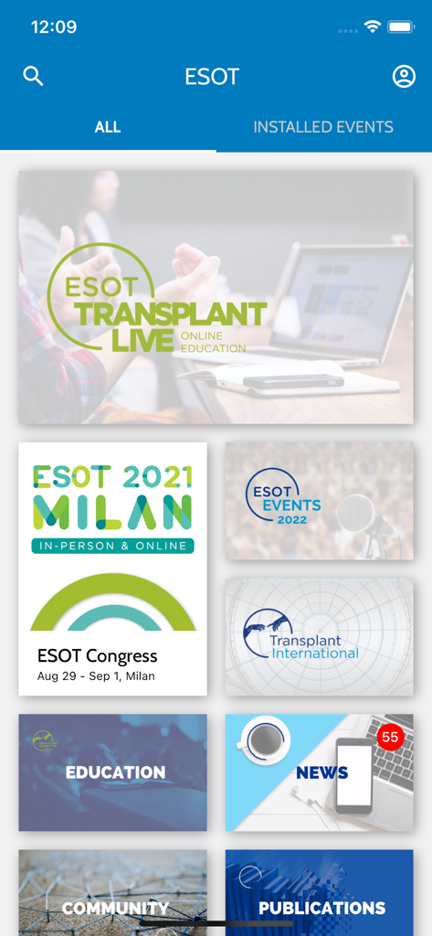ESOT - ESOT app home screen showing event tiles for congresses education news and publications