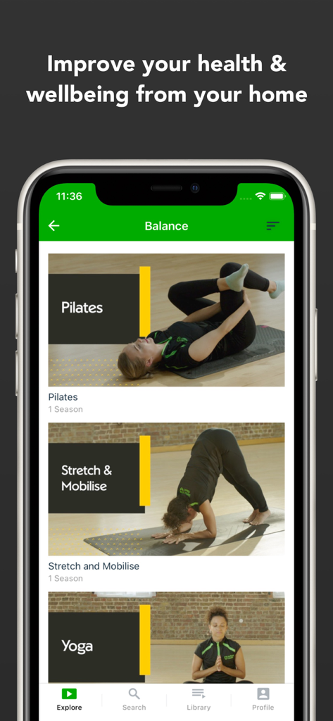 Nuffield Health 24/7 - Nuffield Health 247 app interface showing yoga and pilates workout categories
