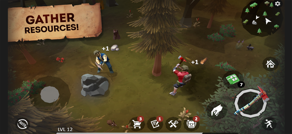 Last Survivor: Zombie Survival - Characters mining stone and chopping wood in a forest in Last Survivor Zombie Survival game